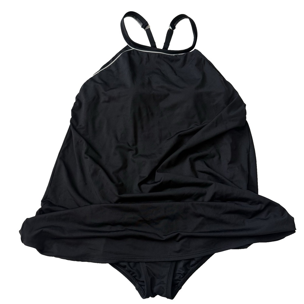 Lands End Black White Swim Dress Swimsuit Women L 14 High Neck Athletic Modest - Picture 2 of 9